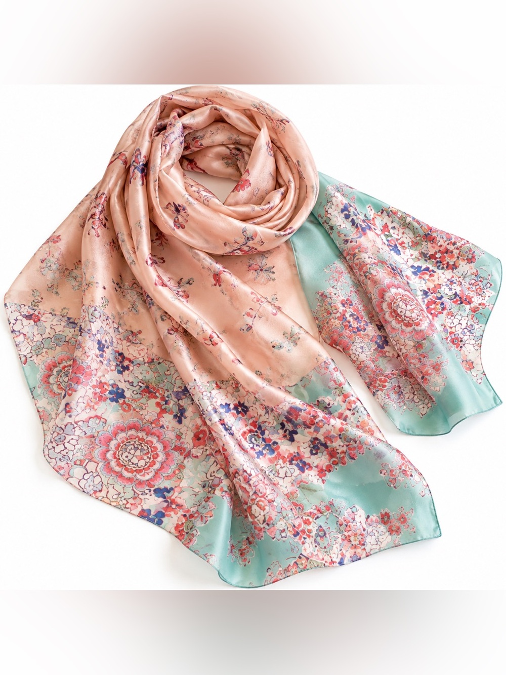 100% Silk Floral Scarf Mint Peach Lightweight Women’s Wrap
